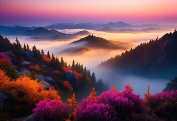 Fototapeta premium breathtaking sunrise illuminating misty mountain landscape vibrant colors soft fog, beautiful, sky, clouds, nature, scenery, dawn, light, view, horizon