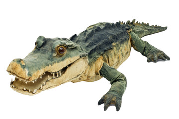 A vintage stuffed crocodile toy that appears worn-out, showcasing its textured fabric and detailed stitching. The toy has a rustic and antique look indicative of its age.