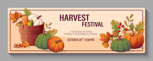 Banner background with vector illustration of pumpkins in a wooden bucket. Autumn harvest and leaves. For promo banner and flyer decoration. Warm fall, harvest, thanksgiving day concept. 