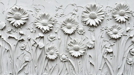 White floral relief artwork depicting daisies and wildflowers on textured surface in an artistic display