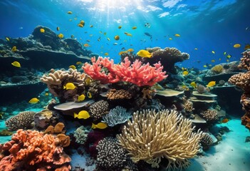 Naklejka premium vibrant coral reef ecosystem brimming diverse marine species colorful underwater landscape, fish, ocean, habitat, biodiversity, sea, invertebrates, algae