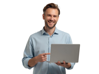Smiling man holding and pointing at laptop on transparent background, professional young businessman or student work with PC computer for startup digital marketing entrepreneur success ad banner