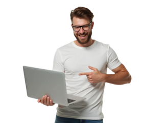 Smiling man holding and pointing at laptop on transparent background, professional young businessman or student work with PC computer for leadership or digital marketing entrepreneur success ad banner