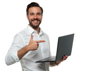 Smiling man holding and pointing at laptop on transparent background, professional young businessman or student work with PC computer for leadership or digital marketing entrepreneur success banner ad
