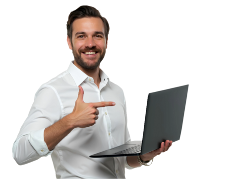 Smiling man holding and pointing at laptop on transparent background, professional young businessman or student work with PC computer for leadership or digital marketing entrepreneur success banner ad