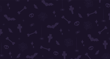 Halloween holiday background in purple colors with sillhouettes of bones, crosses, bats, spiders,sparkles,web,sculls, etc.