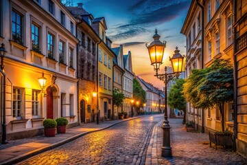 Fototapeta premium A serene evening scene of a deserted cobblestone street lined with ornate street lamps, casting a warm golden glow on the surrounding historic buildings.