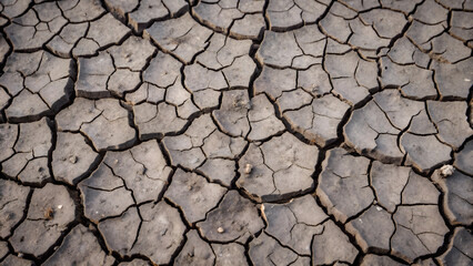 Dry cracked earth texture with a monochromatic tone in close-up