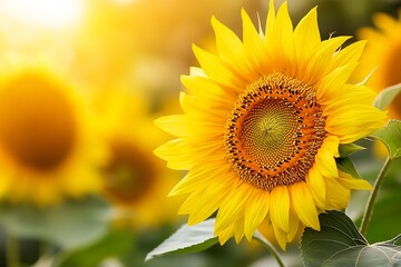 Obraz premium A vibrant 4K background featuring a field of blooming sunflowers under a bright blue sky, showcasing nature's beauty in stunning detail