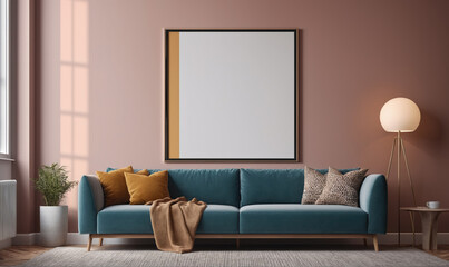 A teal sofa with brown throw blankets and pillows sits in a modern living room with a large framed picture on the wall