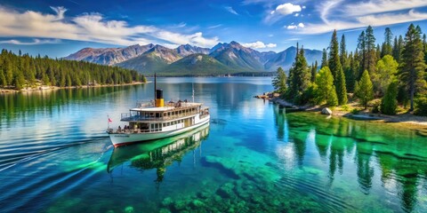 Obraz premium A serene steamboat gently glides across the calm turquoise waters of Lake Tahoe, surrounded by lush green forests and majestic Sierra Nevada mountain peaks.