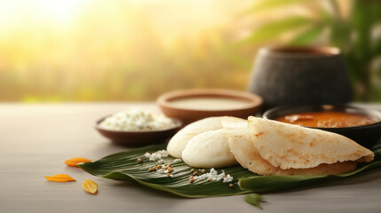 south indian breakfast spread with idli, sambar, and dosa on a banana leaf