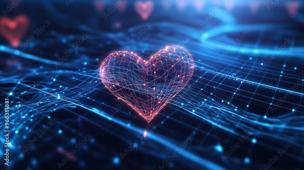 Poster An abstract background with glowing heart waveforms running across a dark blue grid, representing heart health, technology, and life sciences.