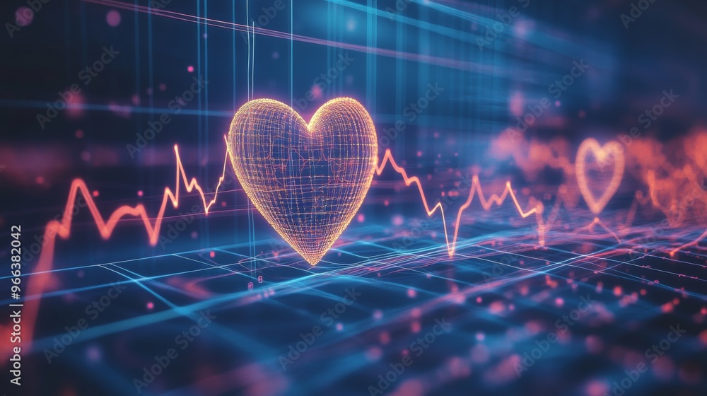 Fototapete an abstract background with glowing heart waveforms running across a dark blue grid, representing he