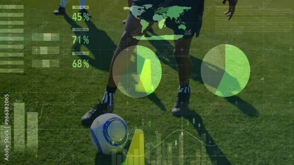 Poster animation of data processing over diverse soccer players exercising at stadium