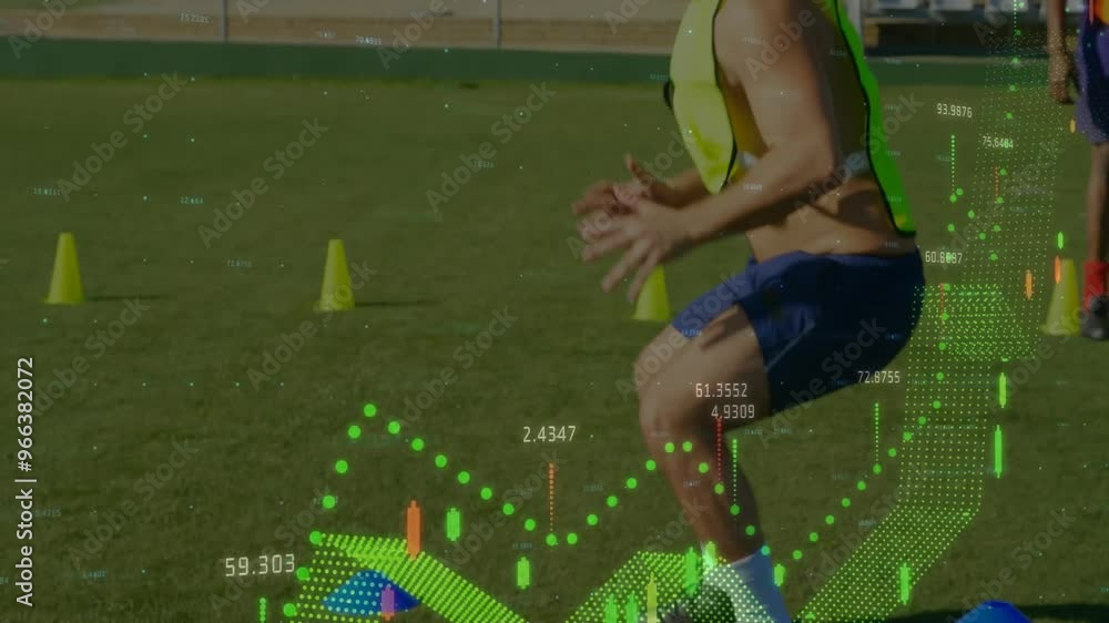 Poster animation of data processing over diverse soccer players exercising at stadium