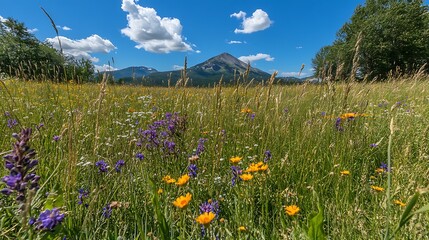 Meadow Serenity: Wild Grasses and Flowers with a Mountain Backdrop