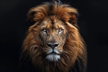 A majestic lion with a thick mane stares intently at the camera, its amber eyes reflecting power and confidence against a dark background.
