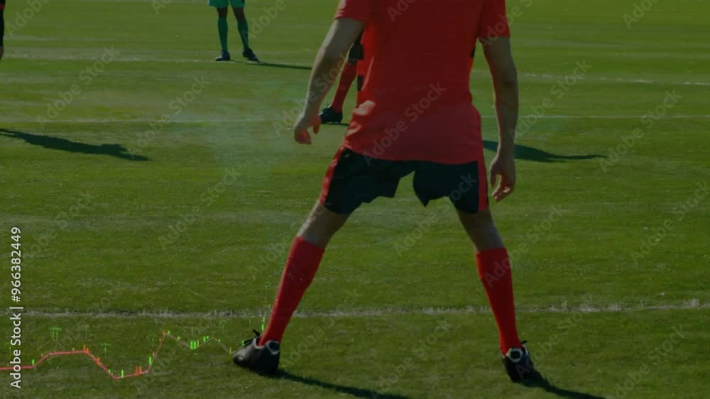 Poster animation of data processing over diverse soccer players playing at stadium