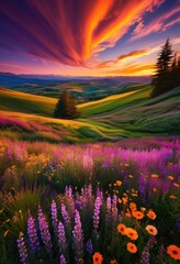 Naklejka premium vibrant sky formations over bright landscape dynamic clouds colorful atmosphere, aesthetic, breathtaking, brilliant, captivating, charm, clarity, contrast
