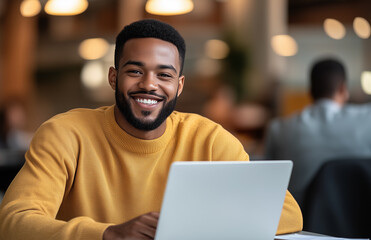 Happy young Black man working on a laptop at a desk in a modern office, smiling male entrepreneur using a computer for work or online training, sitting alone