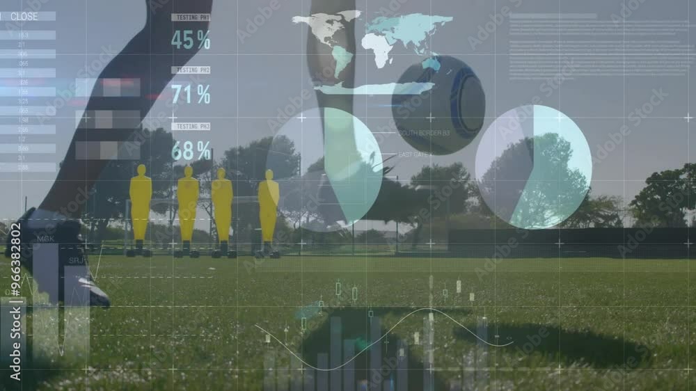 Poster animation of data processing over diverse soccer players exercising at stadium