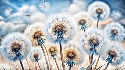 Delicate dandelions with fluffy seeds against a dreamy cloudy background