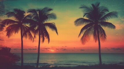 Obraz premium A serene sunset over the ocean, framed by palm trees, evoking a peaceful tropical atmosphere.