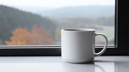 A cozy autumn scene with a white coffee mug placed on a windowsill, looking out onto a forest with colorful foliage, perfect for a warm, reflective moment.