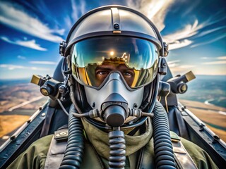 Fototapeta premium A sleek, high-tech fighter pilot helmet with tinted visor, oxygen mask, and communication devices, nestled in a cockpit, ready for aerial combat operations.