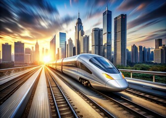 A sleek, high-speed train zooms past a blurred cityscape, its metallic body glistening with dynamic lines, conveying velocity, progress, and modern transportation.
