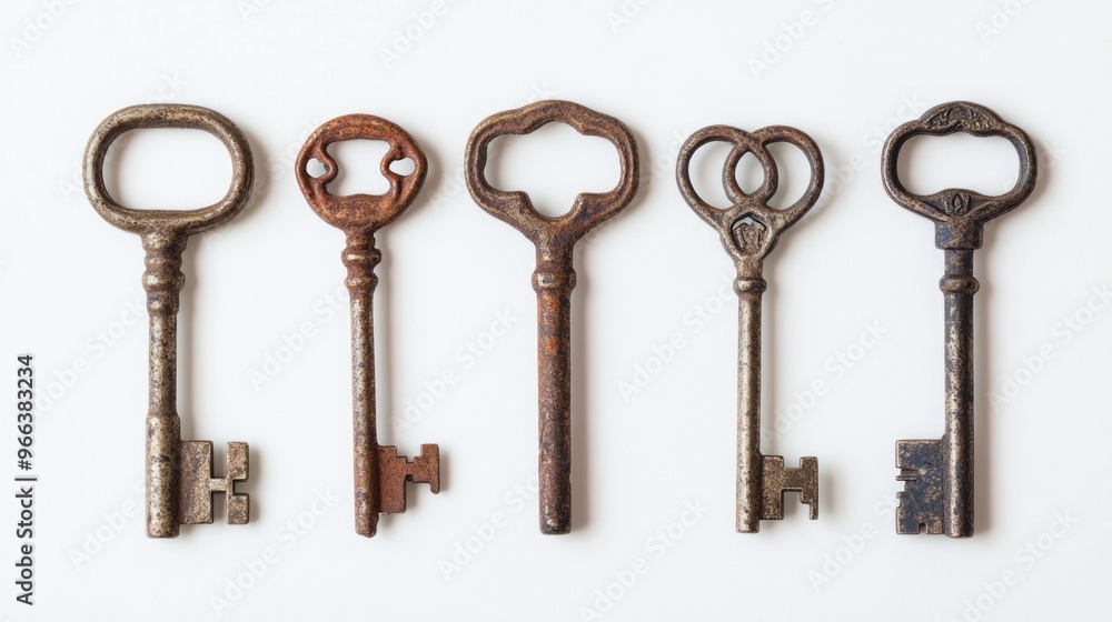 Poster a collection of vintage keys arranged in a row, showcasing various designs and styles.