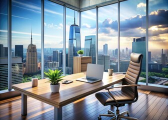 A sleek, modern office space with a cityscape view, featuring a tidy desk, laptop, and financial reports, conveying professionalism and successful business operations.