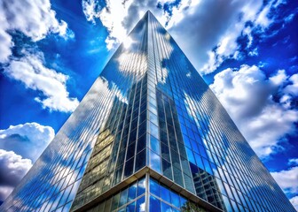 Fototapeta premium A sleek, modern skyscraper rises from the city streets, its angular lines and reflective glass façade gleaming in the bright, blue, cloud-dotted sky.
