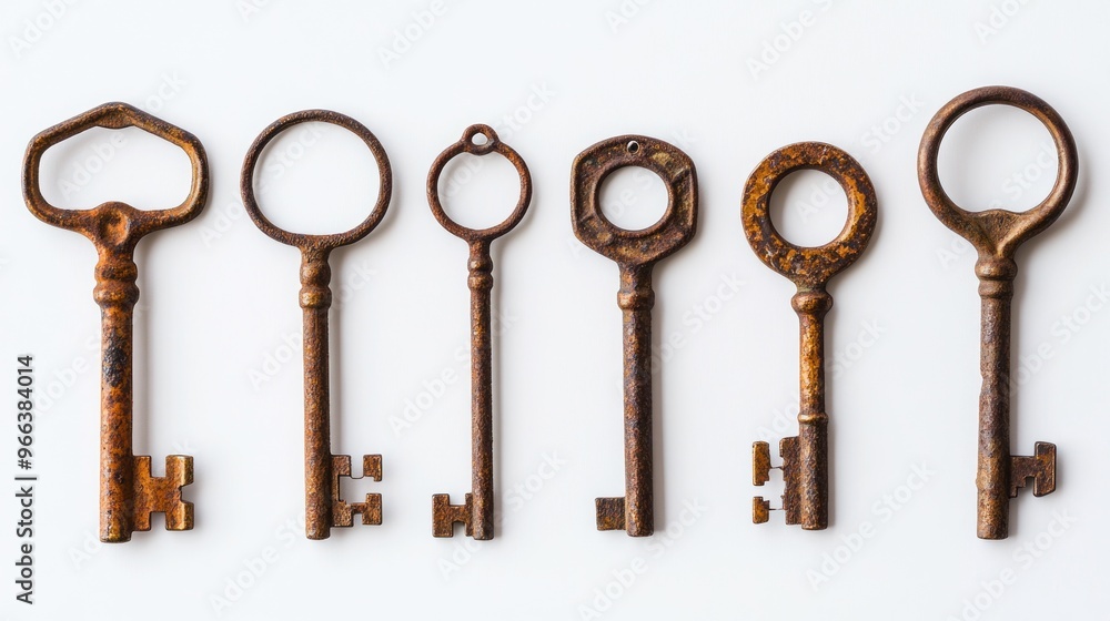 Poster a collection of vintage keys arranged in a row, showcasing their unique shapes and designs.
