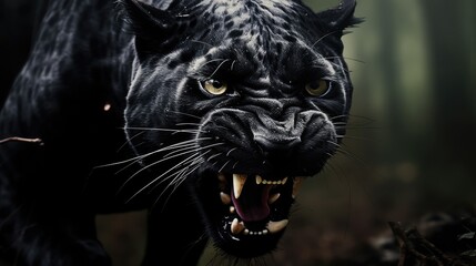 Close-up of the muzzle of an enraged black panther. Toothed big cat in monochrome style. Animal in habitat. Natural background. Illustration for cover, postcard, interior design, banner, brochure, etc