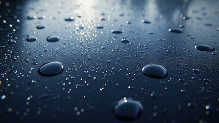   A cluster of water droplets resting atop a dark surface beneath a blue sky and cloudy backdrop