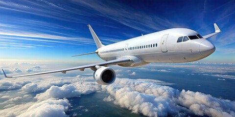 Obraz premium A sleek, white commercial airliner with turbofan engines and horizontal stabilizers soars through a bright blue cloudless sky with a faint horizon.