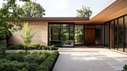 An exterior shot of a minimalist house with natural materials like wood and stone, large glass doors, and a small, well-maintained garden.