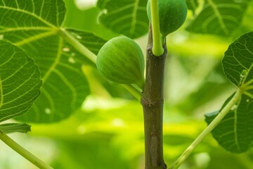 Green fig growing on tree branch close-up