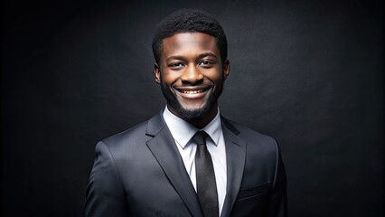 A Smiling Business School Student Of African Descent Stands Against A Black Background In Formal Attire.