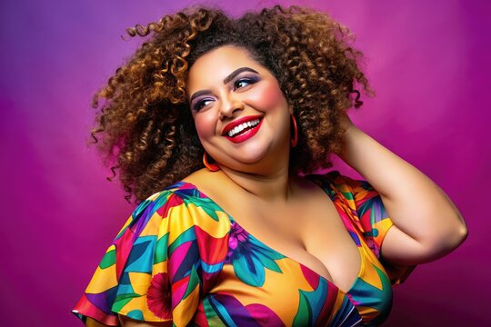 A smiling, confident, plus-sized woman with curly hair and bright makeup poses in a vibrant dress, exuding self-love and body positivity in a studio setting.