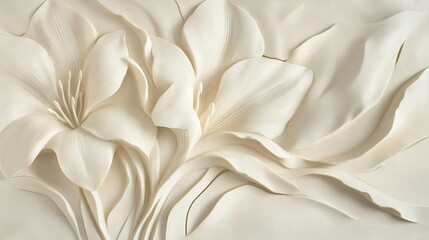 Elegant white floral relief artwork showcasing textured lily designs on a soft background