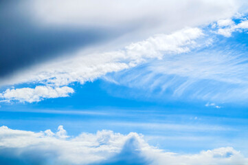 Dramatic blue sky background. Picturesque colorful clouds lit by sunlight. Vast blue sky landscape...