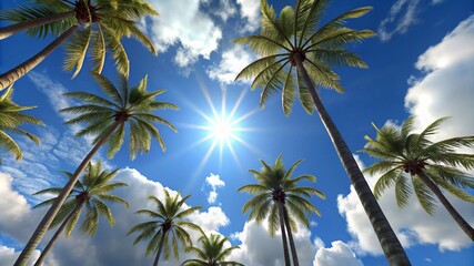 Low angle view from below of coconut palm tree against cloud and blue sky