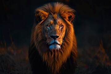 Majestic lion with golden mane stares intensely at the camera in a dark forest setting.