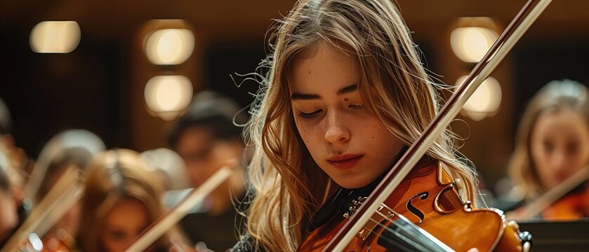 Blonde woman violinist playing in strings section at music concert, close up, beauty 