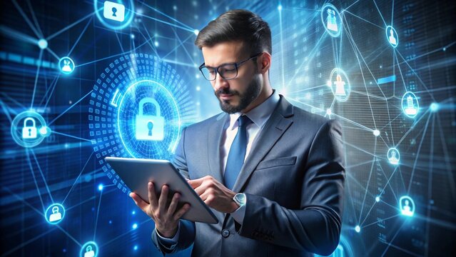 Cybersecurity Expert Managing Data Protection on a Modern Computer Setup for Business Operations