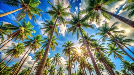 Low angle view from below of coconut palm tree against cloud and blue sky