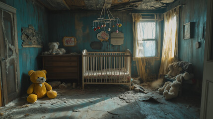 Forgotten Innocence: A Long-Abandoned Nursery with a Dust-Covered Broken Crib, Decaying Stuffed Animals, and a Faded Mobile Casting Shadows on Cracked Walls